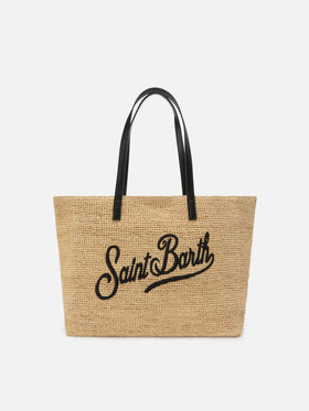 City raffia bag with contrasting black embroidered logo