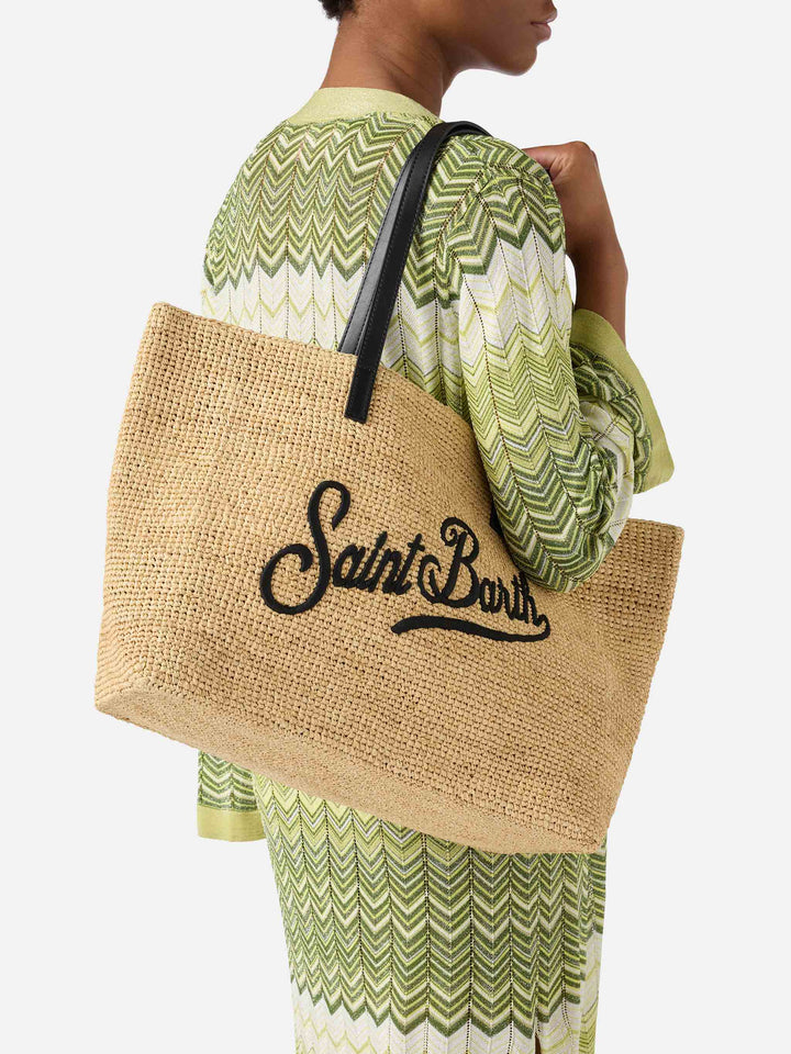 Borsa City in raffia con logo nero ricamato a contrasto
