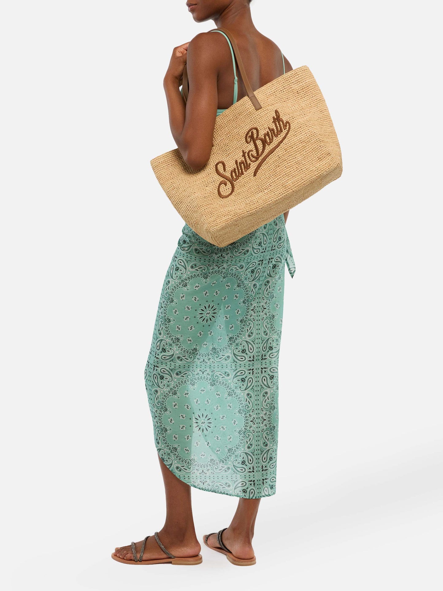 Raffia City Tasche mit Ledergriffen