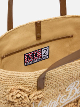Beige Raffia City Mid bag with appliqué flowers