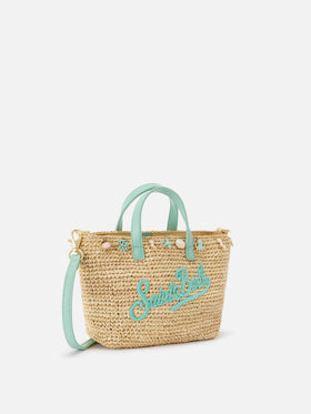 Borsa City mini in raffia con charms applicati e logo ricamato
