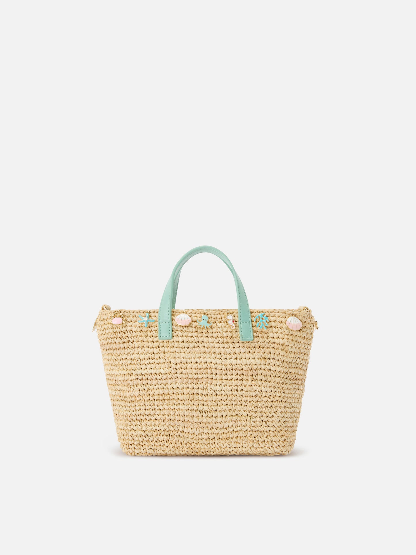 Borsa City mini in raffia con charms applicati e logo ricamato