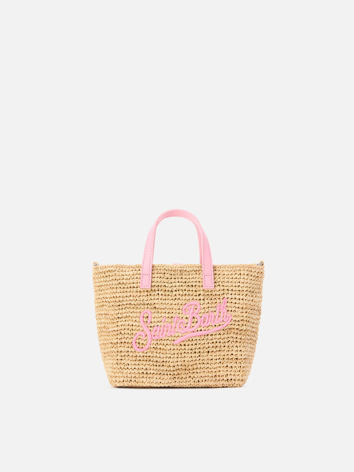 Mini City raffia bag with contrasting pink embroidered logo