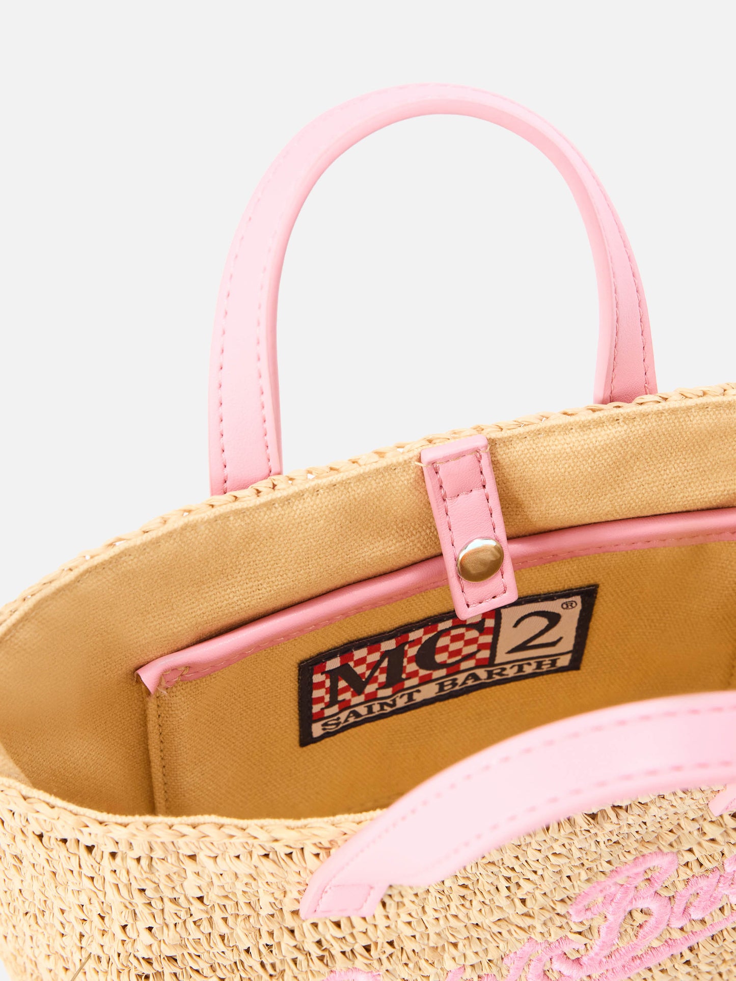 Mini City raffia bag with contrasting pink embroidered logo