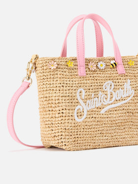 City mini raffia bag with applied charms and embroidered logo