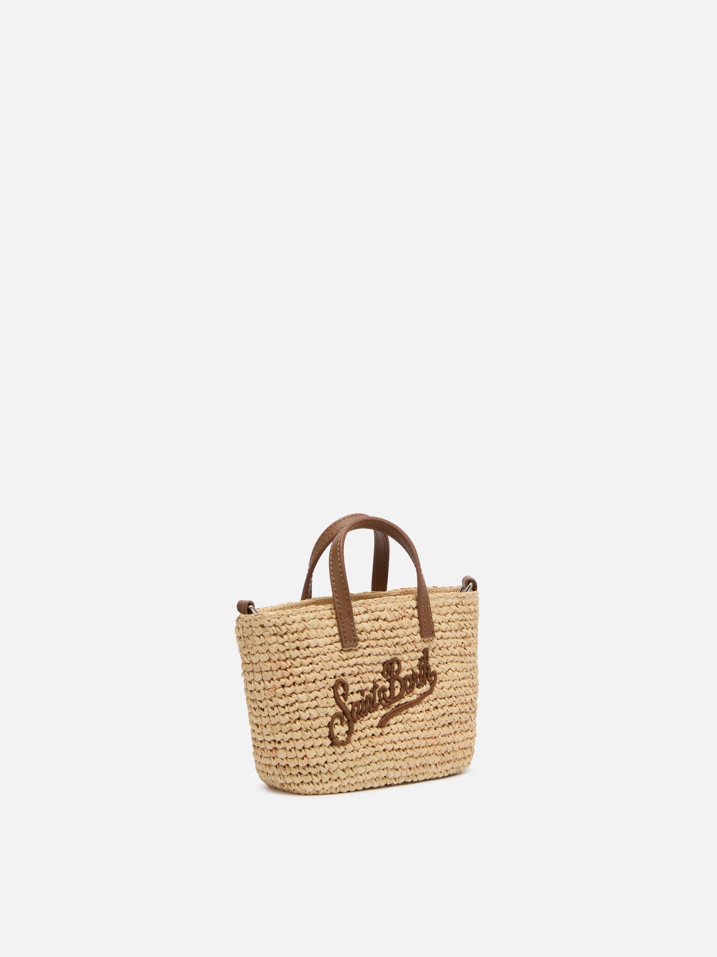 Beige Raffia City Micro-Tasche mit Ledergriffen
