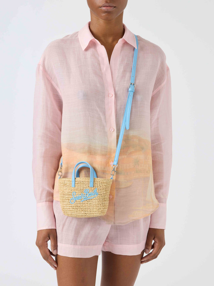 Micro City raffia bag with contrasting light blue embroidered logo