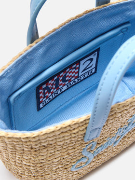 Borsa City micro in raffia con logo azzurro ricamato a contrasto