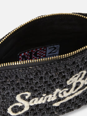 Black Raffia pouch with embroidered logo