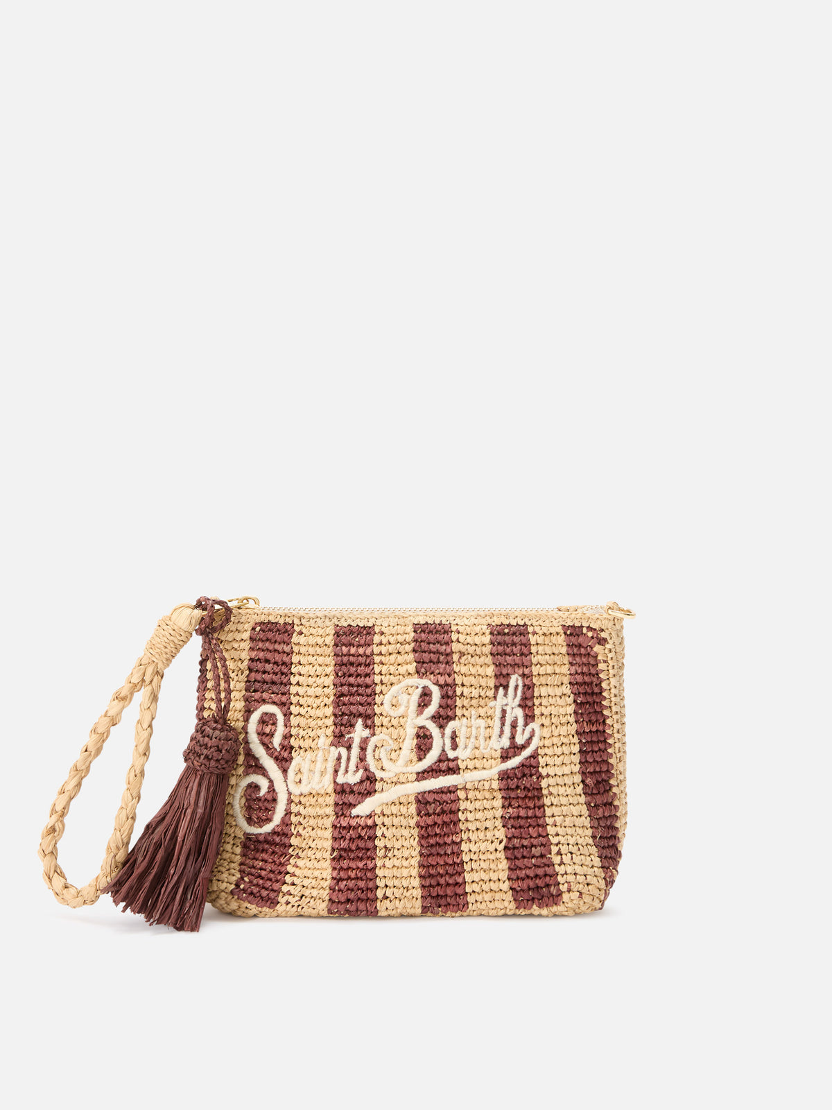 Gestreifte Raffia-Pouch mit gesticktem Logo 