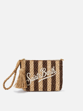 Pochette de rafia a rayas con logotipo bordado 