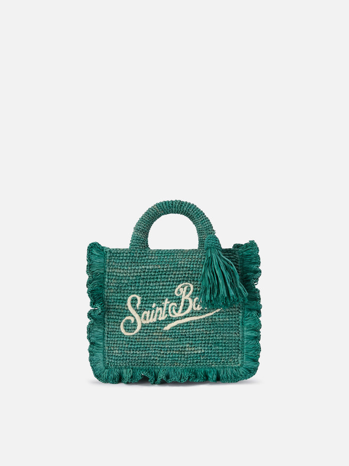 Borsa Volant Mini in raffia azzurra con logo ricamato