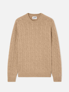 Khaki Regent wool crewneck with cable knit
