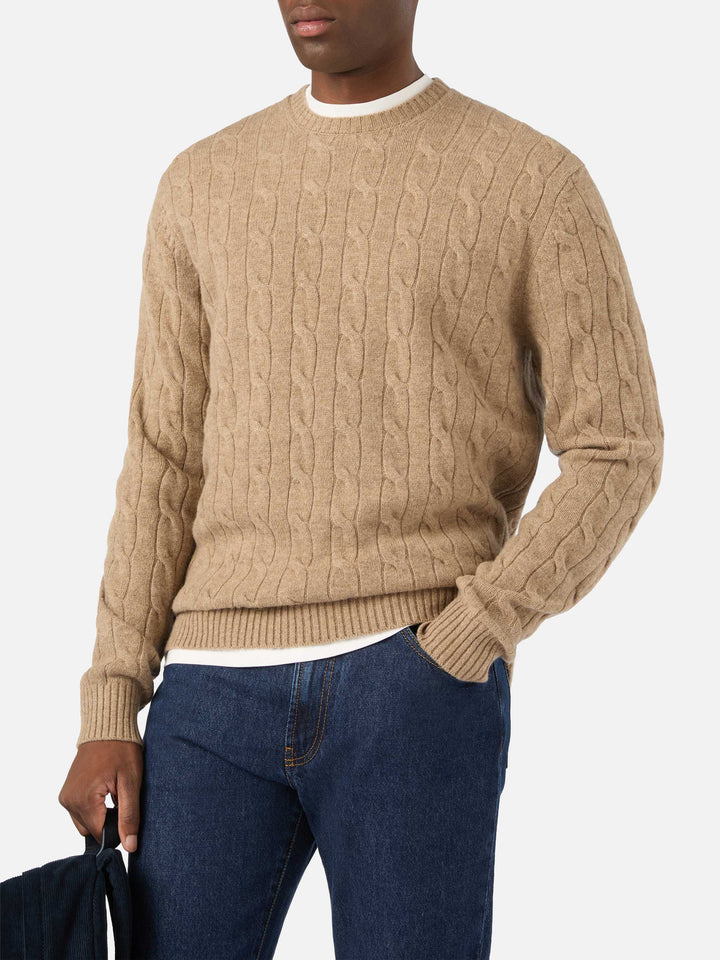 Khaki Regent Wollpullover mit Rundhalsausschnitt und Zopfmuster 