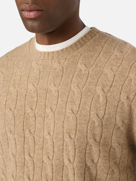 Khaki Regent wool crewneck with cable knit