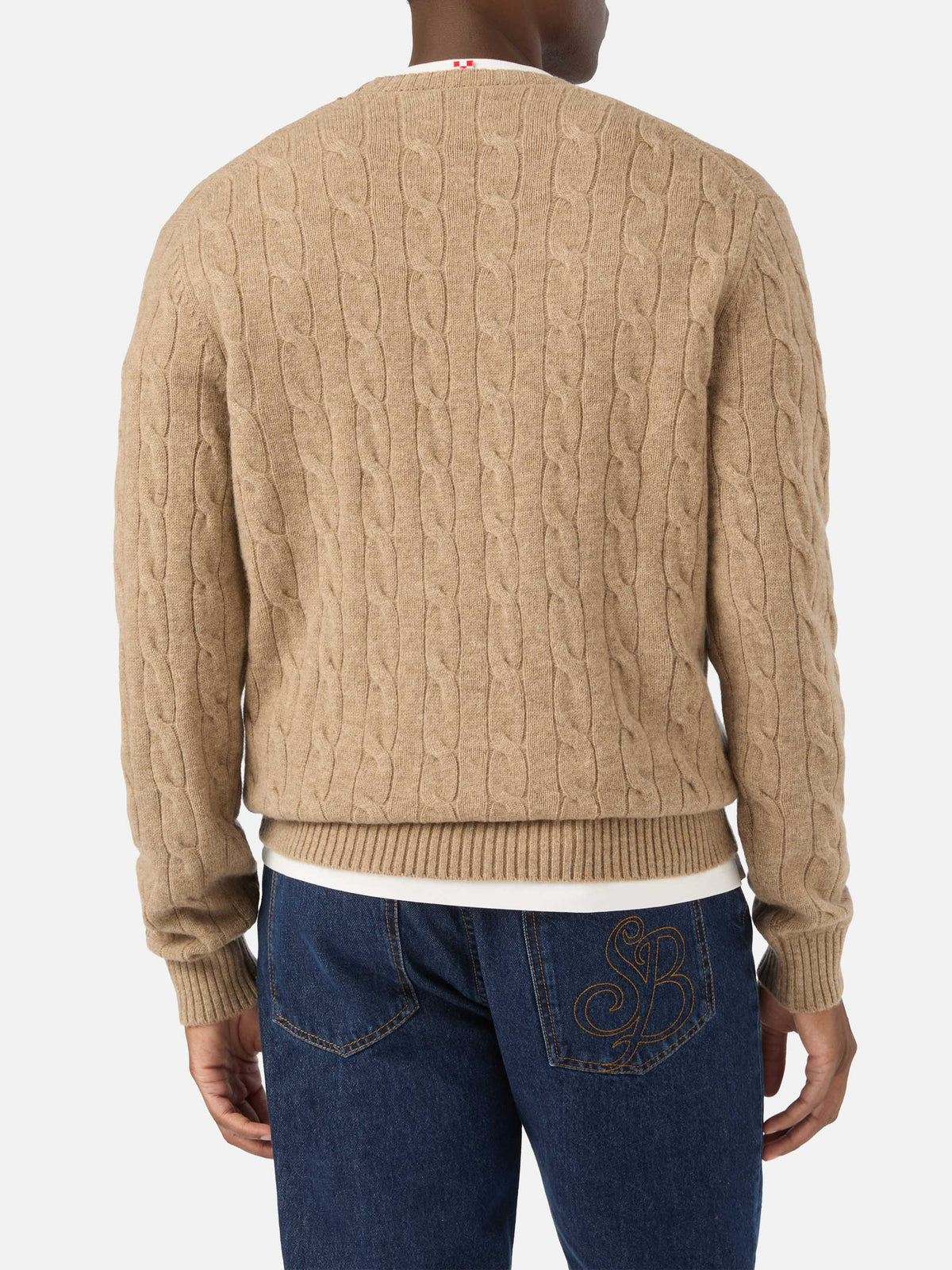 Khaki Regent wool crewneck with cable knit