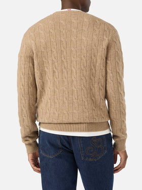 Khaki Regent wool crewneck with cable knit