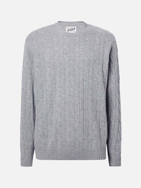 Maglione Regent a trecce in pura lana grigio melange