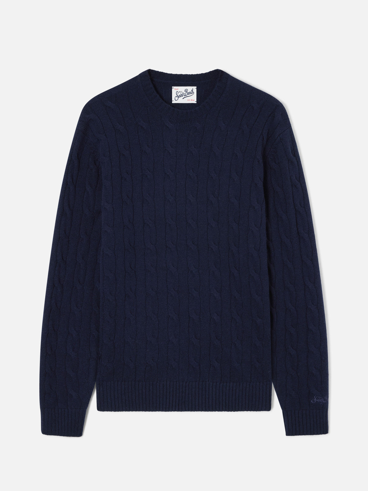 Maglia girocollo Regent blu navy in lana con lavorazione a trecce
