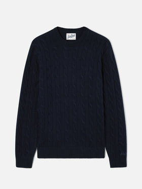 Pull à col rond Regent en laine blue bleu marine avec maille torsadée 