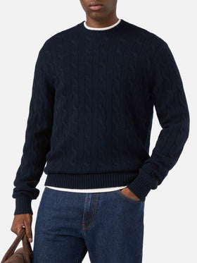 Pull à col rond Regent en laine blue bleu marine avec maille torsadée 