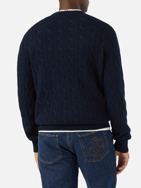 Pull à col rond Regent en laine blue bleu marine avec maille torsadée 