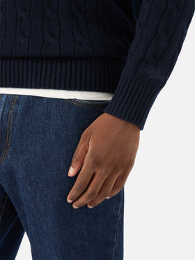 Pull à col rond Regent en laine blue bleu marine avec maille torsadée 