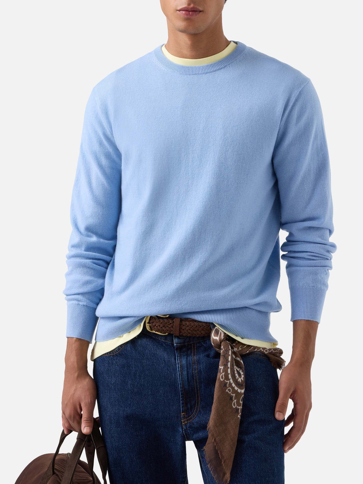Jersey de cuello redondo Regent Light blue en mezcla de lana merino y cachemir 