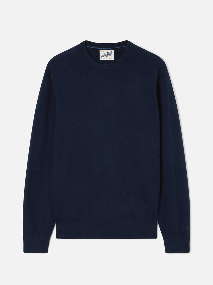 Pull col rond Regent bleu marine blue en mélange de laine mérinos et cachemire 