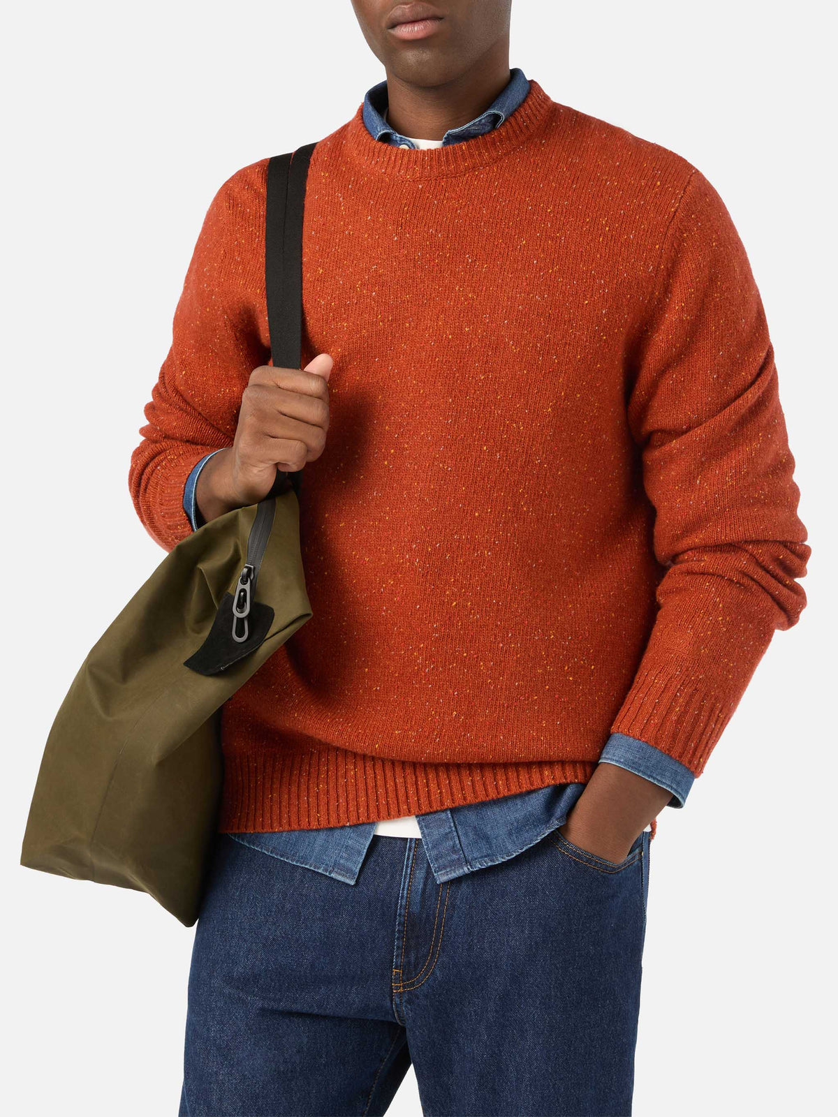 Orange Regent wool blend Donegal knit crewneck