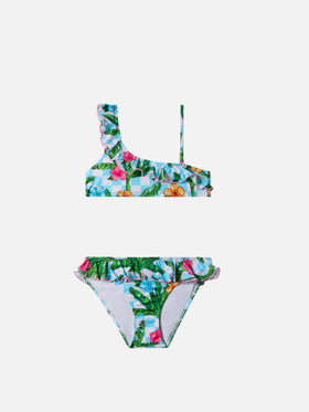 Rey one shoulder ruffled bikini with palm print