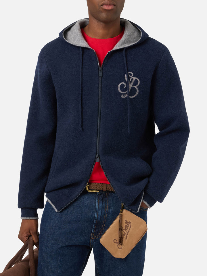 Maglia blu notte in lana Ridge con cappuccio e monogramma SB Legacy