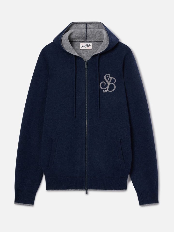 Maglia blu notte in lana Ridge con cappuccio e monogramma SB Legacy