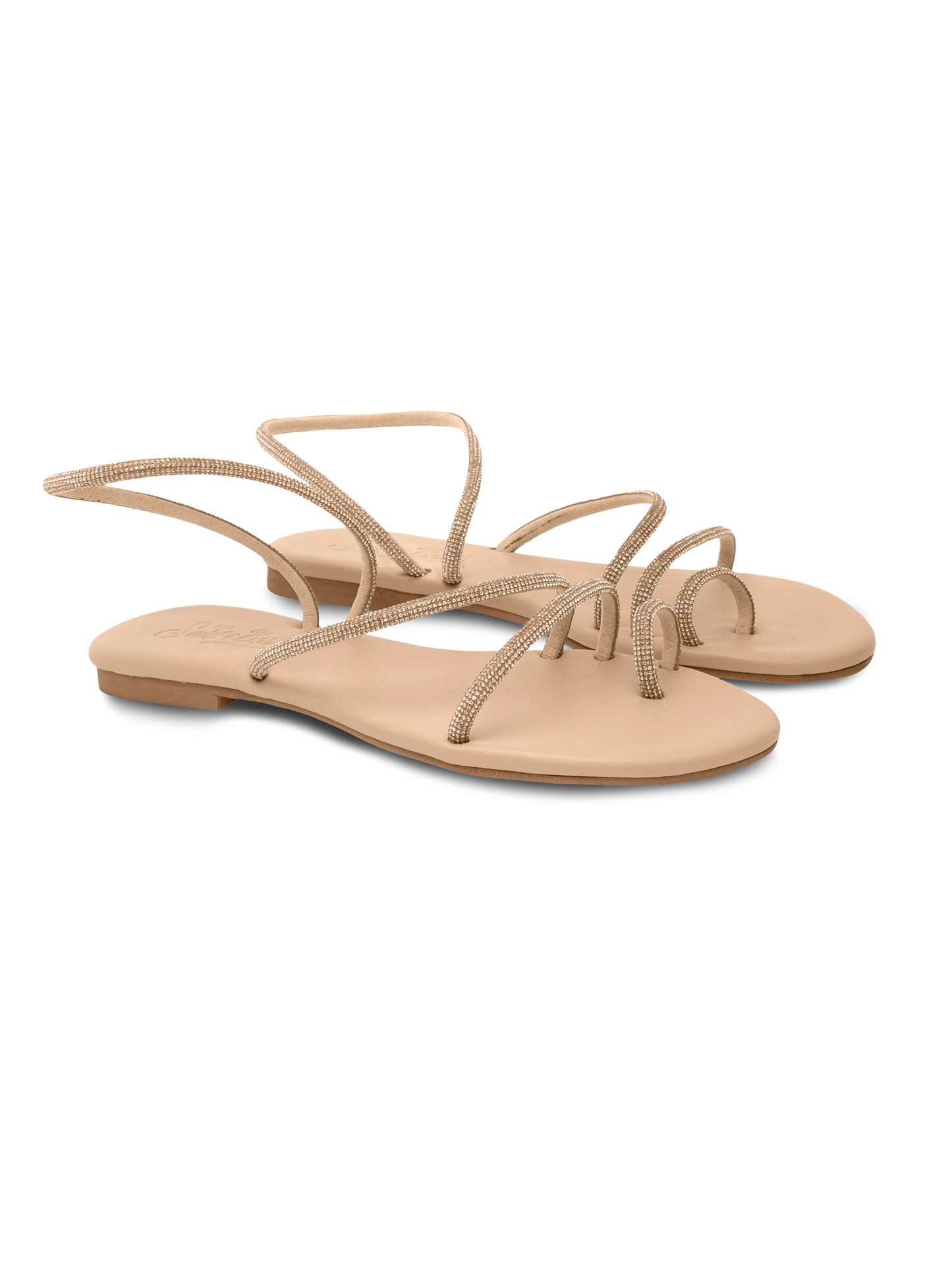 Flache Ringsandalen mit beigen Strasssteinen
