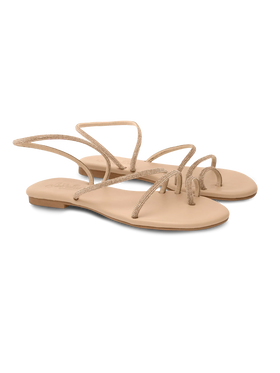 Flache Ringsandalen mit beigen Strasssteinen