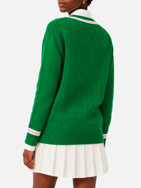 Maglione Roger con scollo a V intrecciato verde tinta unita