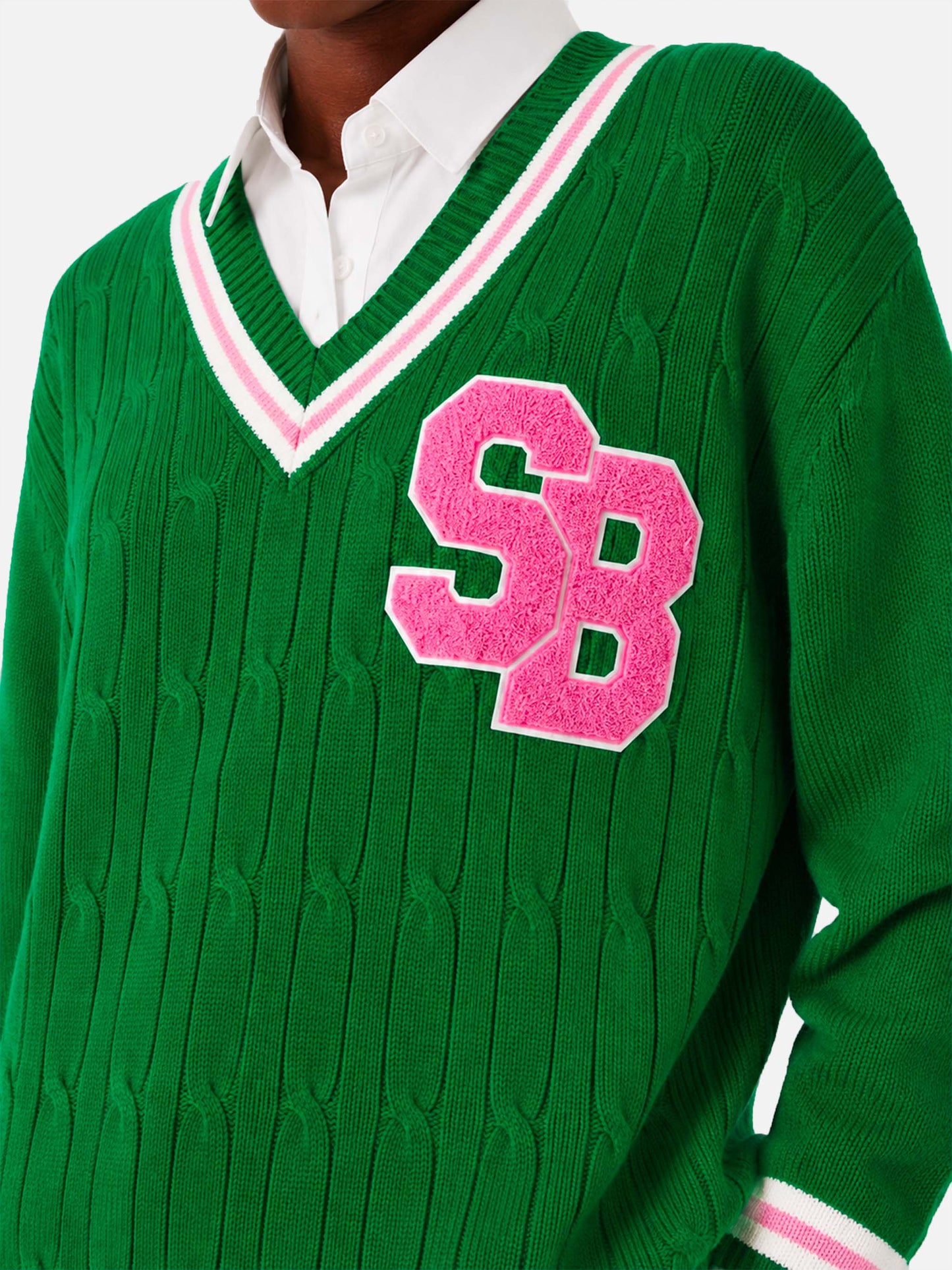 Maglione Roger con scollo a V intrecciato verde tinta unita