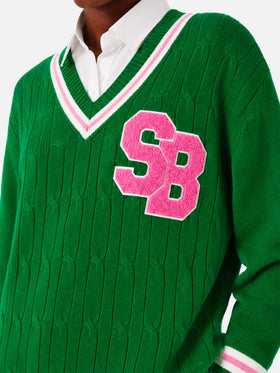Maglione Roger con scollo a V intrecciato verde tinta unita