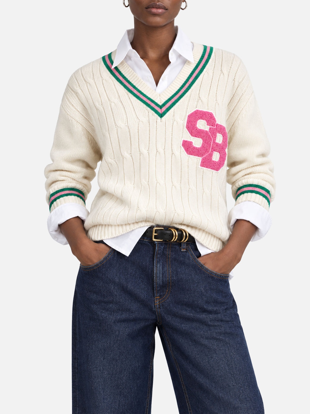 Roger white cashmere blend V-neck sweater with patch