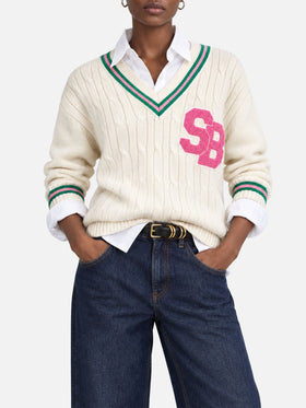 Roger white cashmere blend V-neck sweater with patch