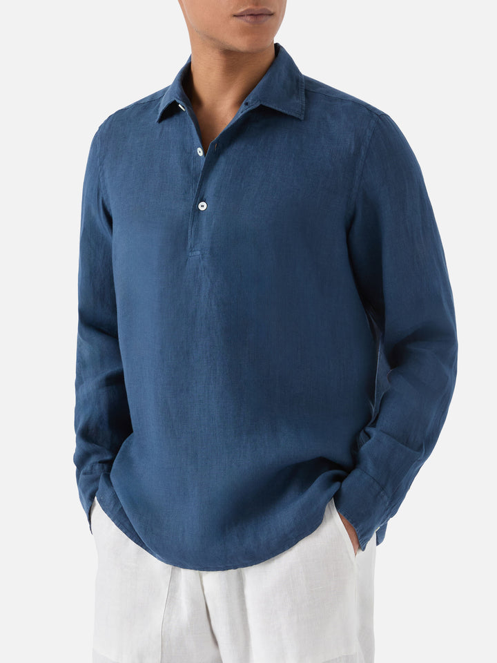 Polo Raphael a maniche lunghe in lino blu navy