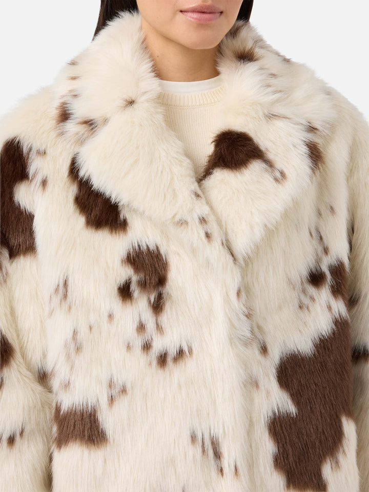 Rouge faux-fur coat with cow print