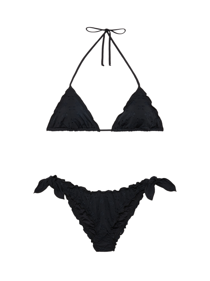 Klassische Badehose aus schwarzer Sangallo-Spitze „Moon“ – Klassisches Triangel-Top aus schwarzer Sangallo-Spitze „Sagittarius“