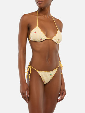 Sagittarius Miami triangle bikini in seersucker fabric with stripe print and cherry embroidery