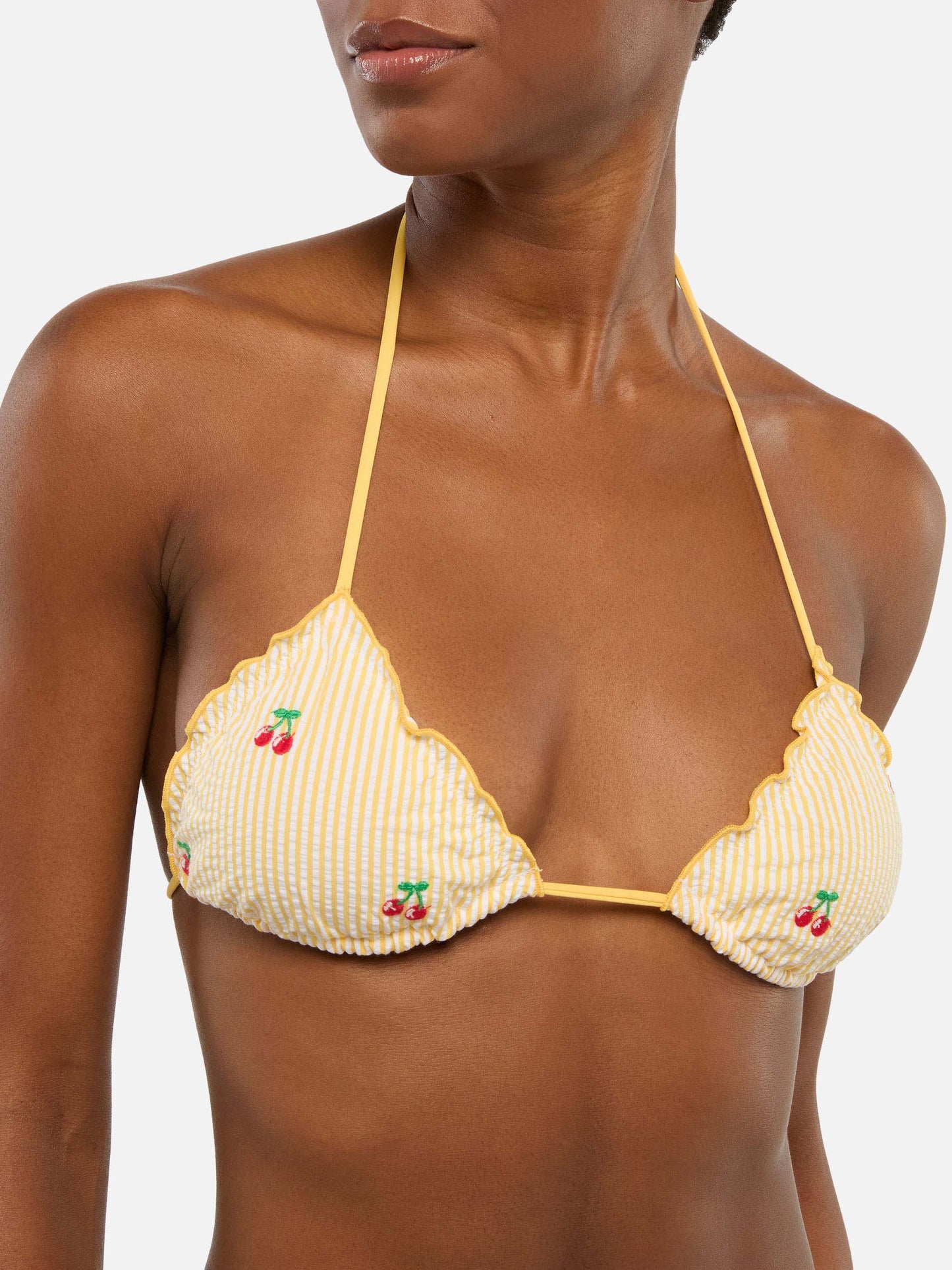 Sagittarius Miami triangle bikini in seersucker fabric with stripe print and cherry embroidery