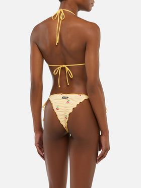 Sagittarius Miami triangle bikini in seersucker fabric with stripe print and cherry embroidery