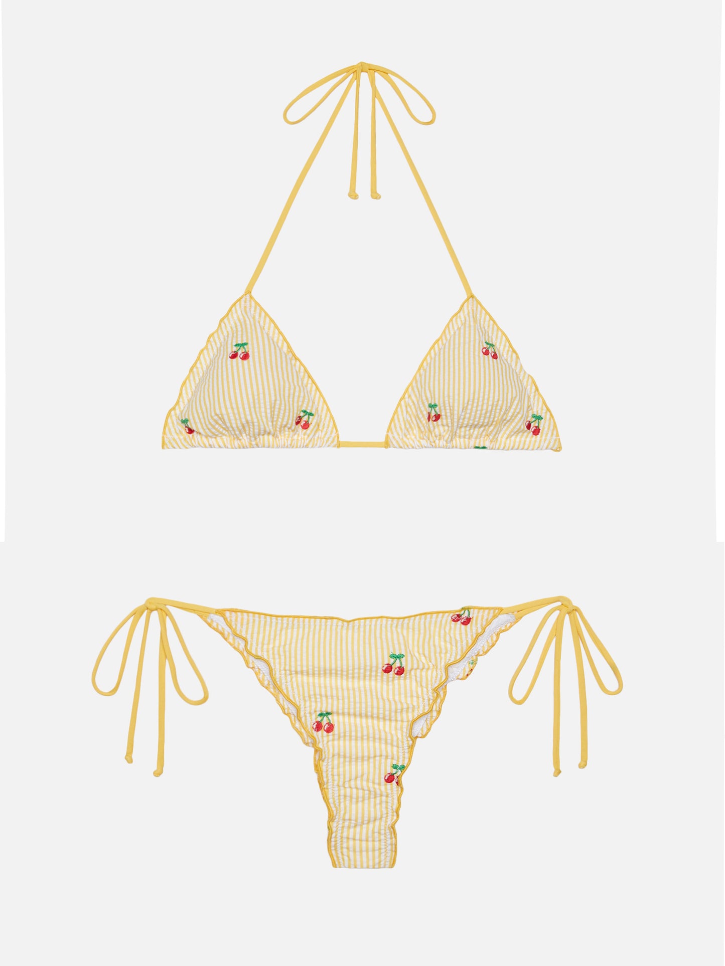 Sagittarius Miami triangle bikini in seersucker fabric with stripe print and cherry embroidery