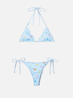 Bikini Sagitami triangle with white and light blue stripes and crab print