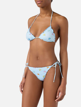 Bikini Sagitami triangle with white and light blue stripes and crab print