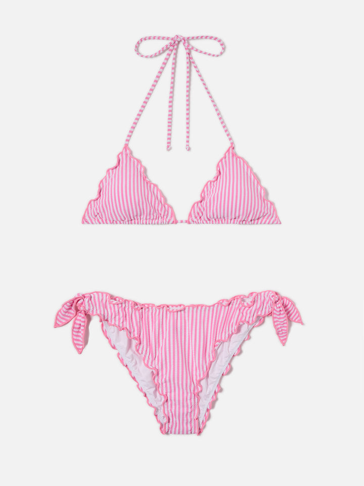 Bikini Sarius triangle in white and pink striped seersucker